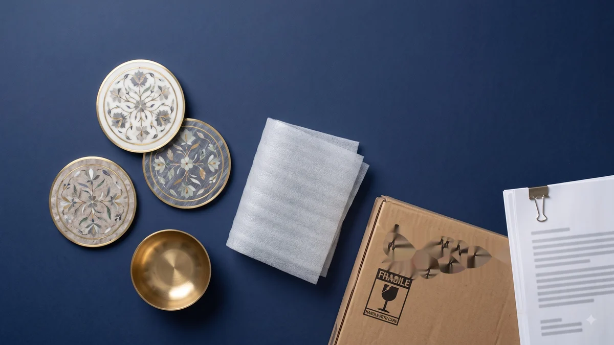 Marble inlay coasters and a brass bowl beside protective foam wrap, an export carton with a fragile mark and export documentation, illustrating a first handicraft shipment from Agra to the UAE