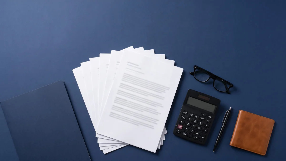 Export documents, a calculator, reading glasses, a pen and a tan leather wallet arranged on a navy desk, illustrating a retrospective audit of unclaimed RoDTEP and Duty Drawback export incentives