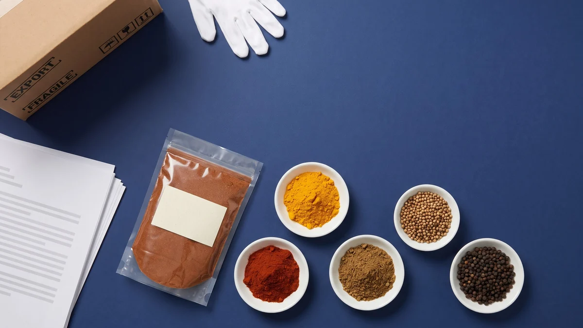 Indian spices in white ceramic dishes beside a sealed export pouch, an export carton with a fragile mark, cotton gloves and export documentation, illustrating a first spice shipment from India to the USA