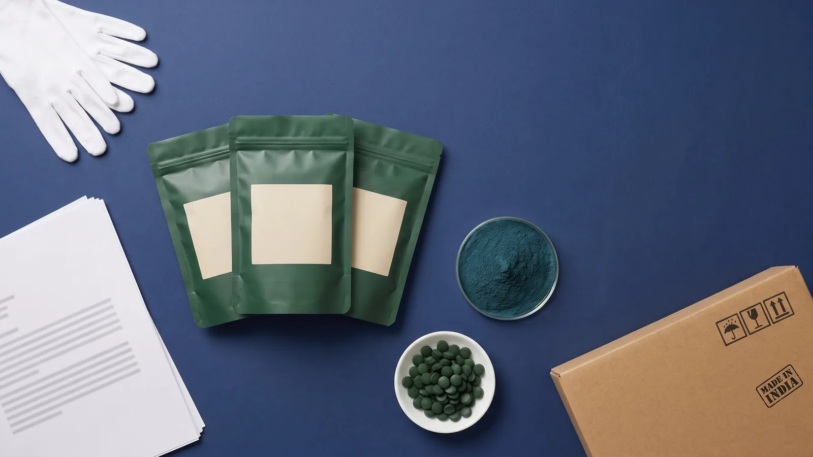 Spirulina powder, tablets and sealed export pouches arranged with export documentation and a shipping carton, illustrating an India to UAE first export shipment