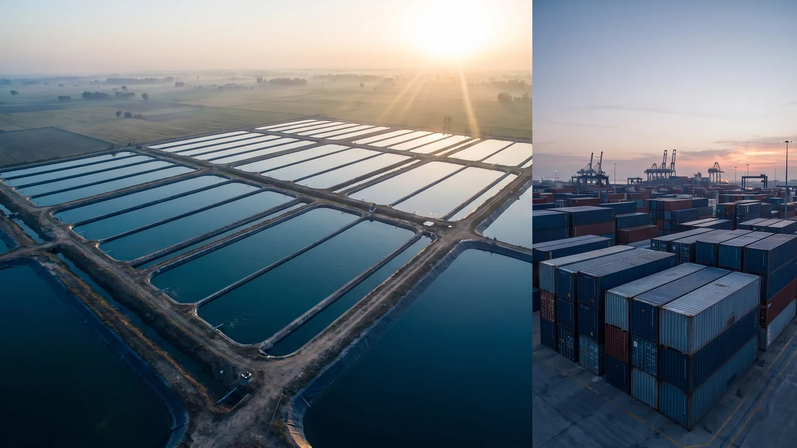 Aerial view of spirulina cultivation ponds transitioning into a container port yard, representing the route from farm to first export shipment