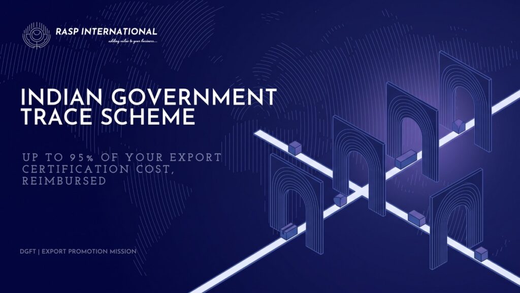 DGFT TRACE scheme 2026 banner showing certification gateways, reimbursing up to 95 percent of export certification cost for Indian MSME exporters
