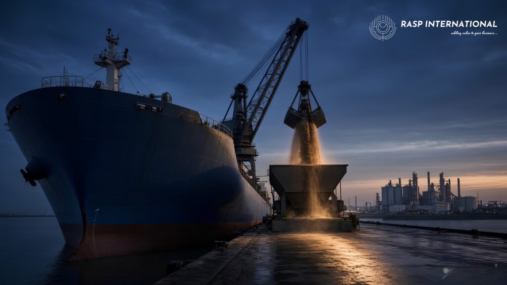 Bulk carrier discharging raw sugar at an Indian port under the DGFT duty free tariff rate quota