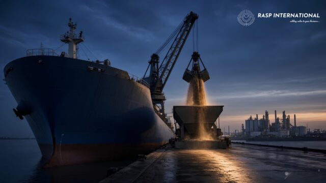 Bulk carrier discharging raw sugar at an Indian port under the DGFT duty free tariff rate quota