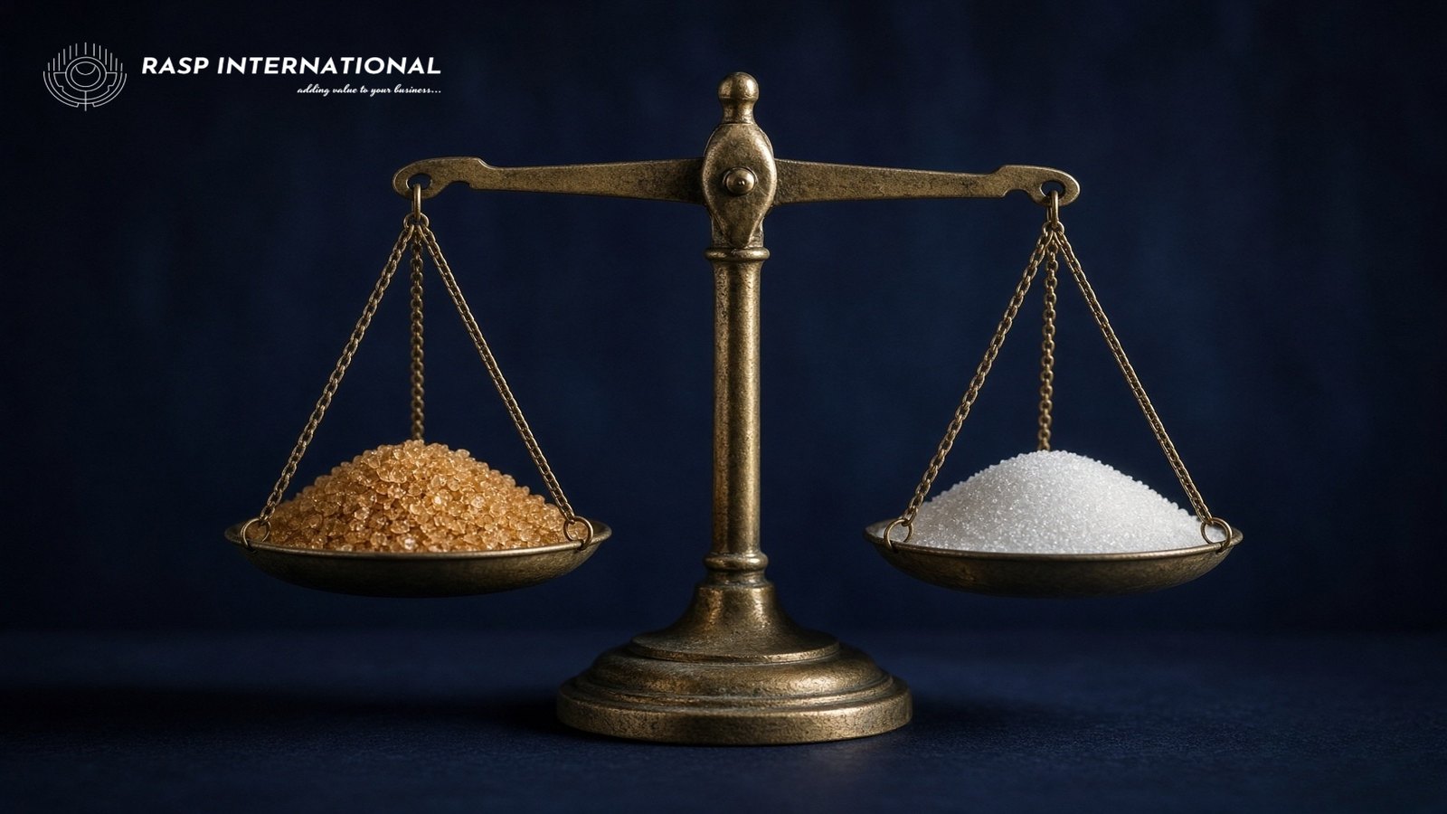 Brass balance scale weighing raw sugar crystals against refined white sugar, representing the 1.05 to 1 domestic sale obligation under the DGFT TRQ