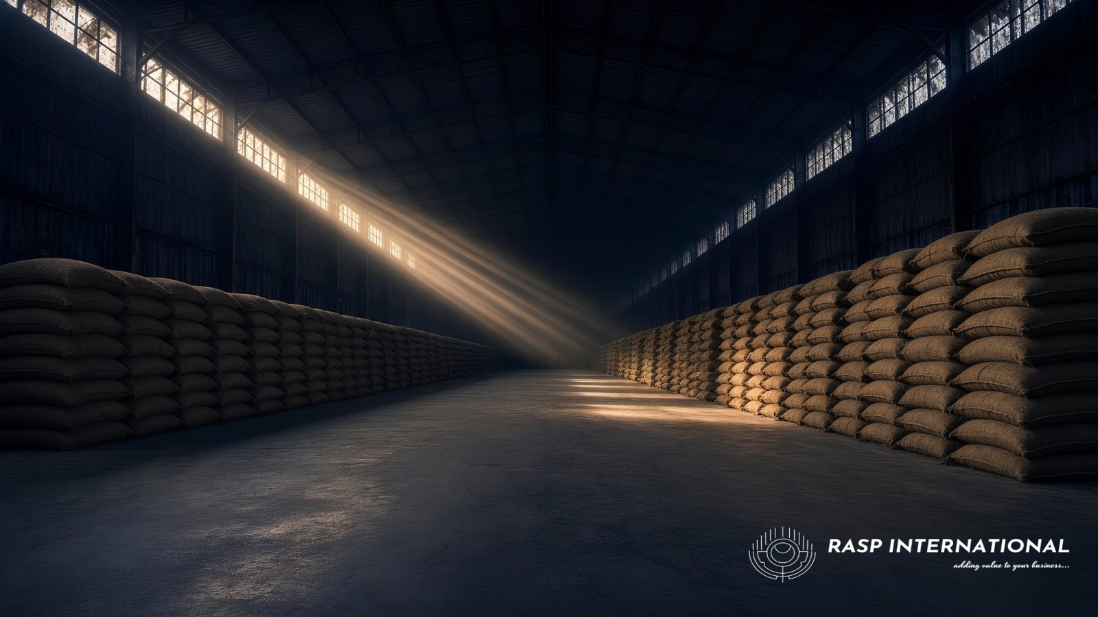 Stacked jute sacks in a sugar warehouse with the near floor empty, illustrating falling closing stocks that triggered the 2026 import window