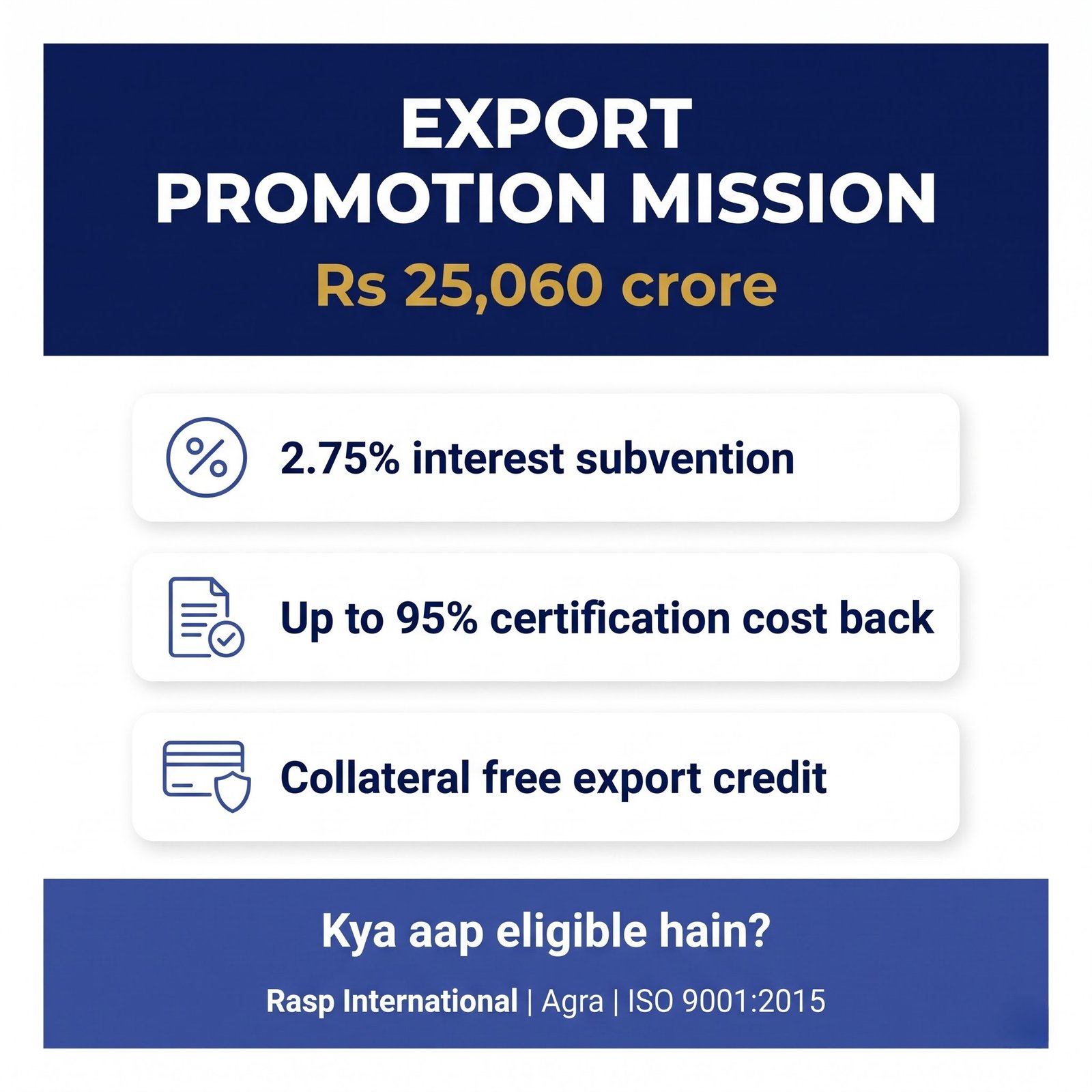 Export Promotion Mission Rs 25,060 crore summary showing 2.75 percent interest subvention, up to 95 percent certification cost back and collateral free export credit