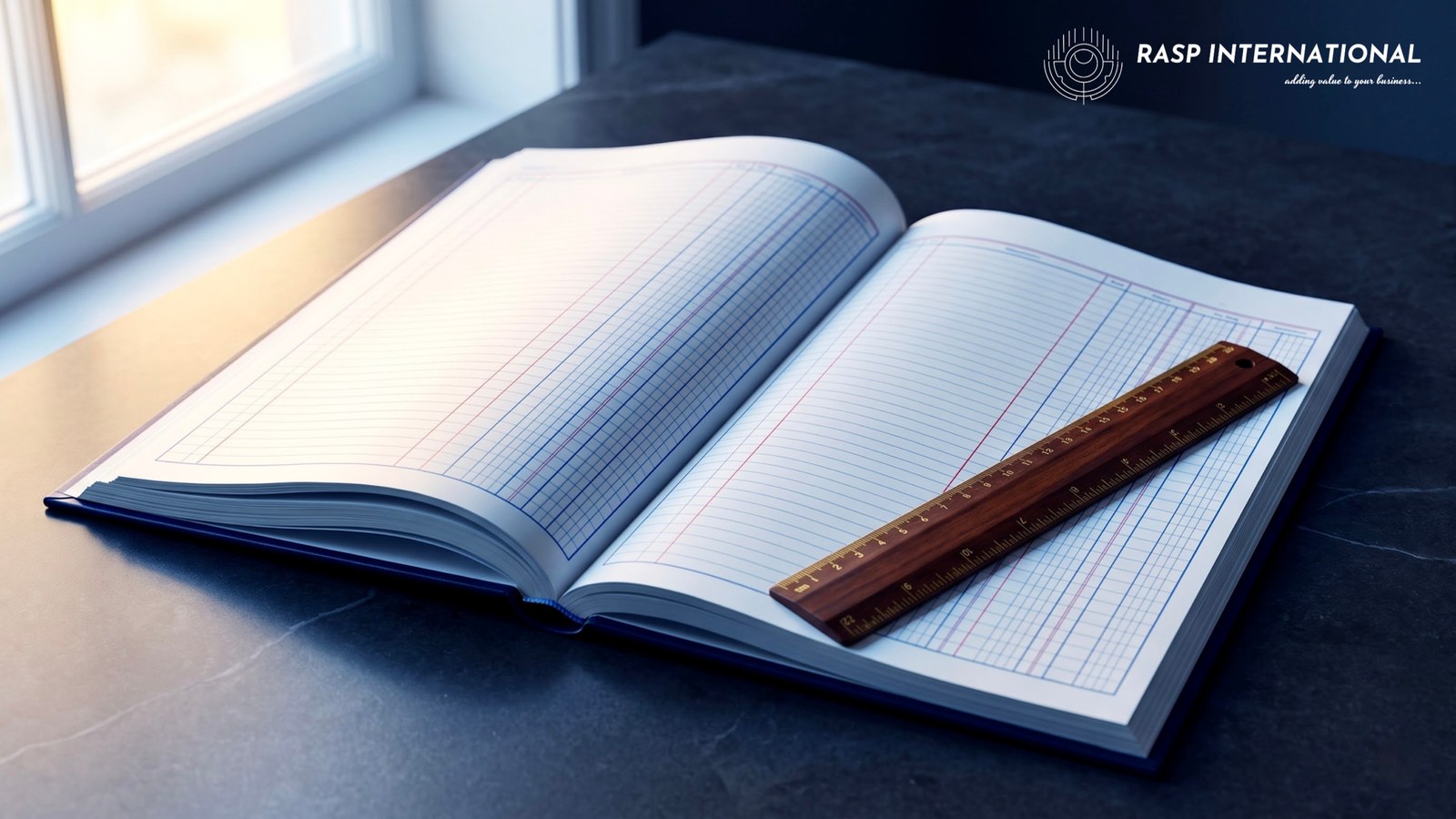 Open blank ruled accounts ledger with a wooden ruler resting across the page, representing EPCG export obligation calculations