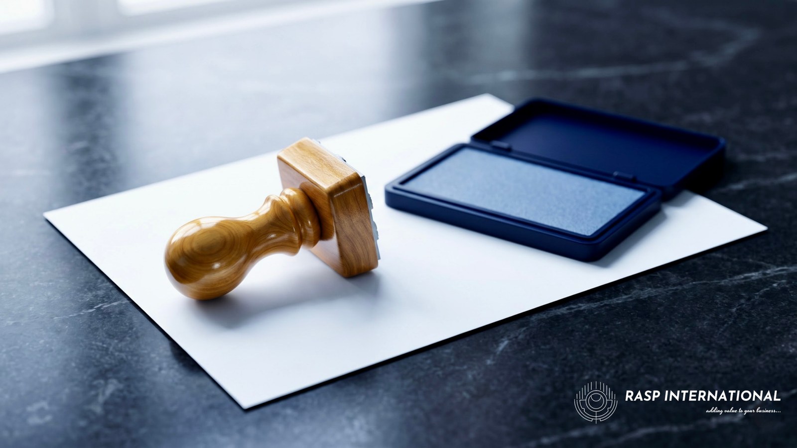Wooden handled rubber stamp beside an open navy ink pad on clean white paper, representing DGFT approvals and EPCG redemption