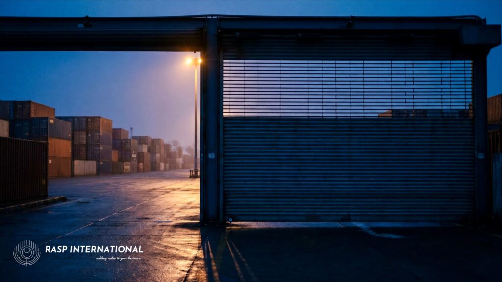 Container terminal gate at last light with stacked containers behind, representing the close of a shipping day