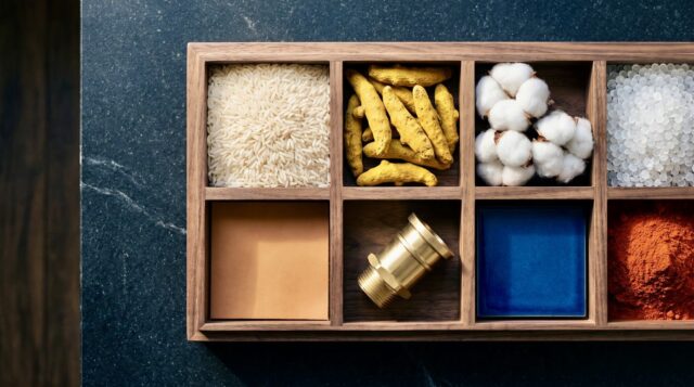 Wooden sample tray holding basmati rice, turmeric, cotton, resin pellets, leather, brass, ceramic tile and spice, Indian export categories