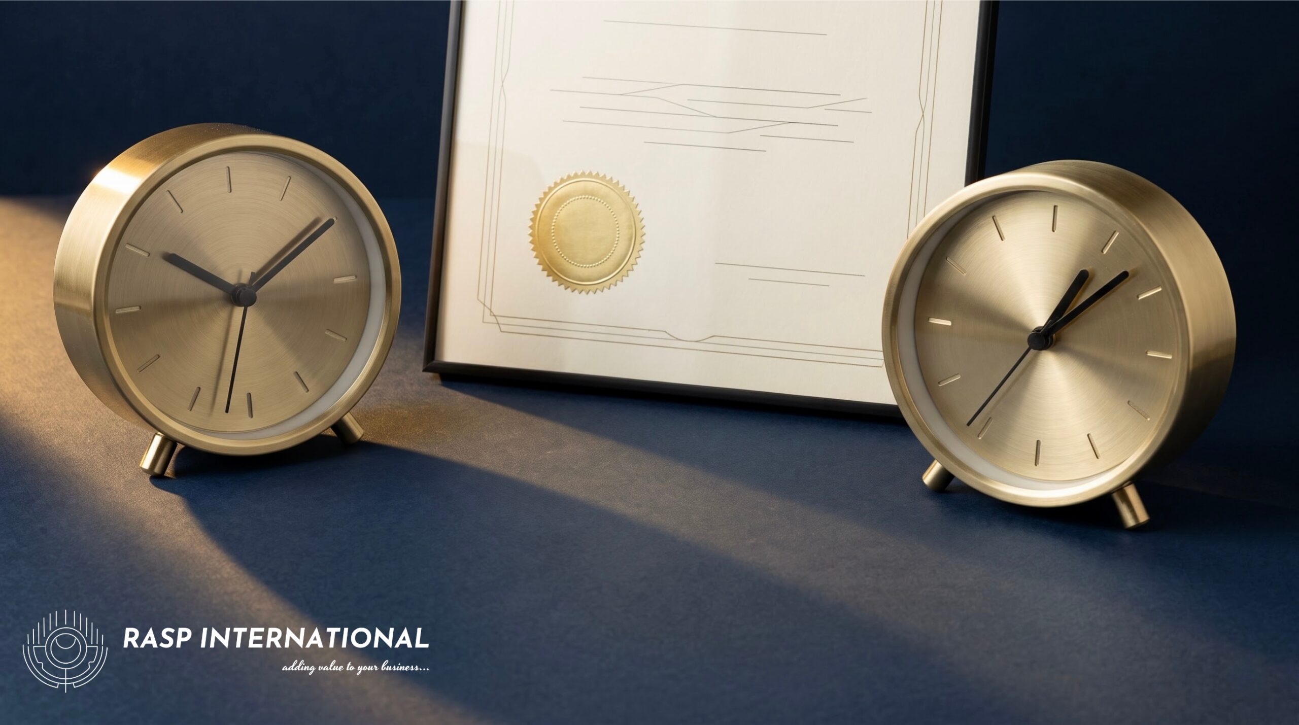 Two brass clocks and certificate showing time critical filing deadlines