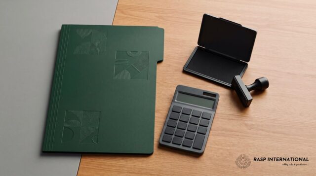 Accountant desk with office supplies and financial documents for managing export invoicing, GST LUT and bank realisation