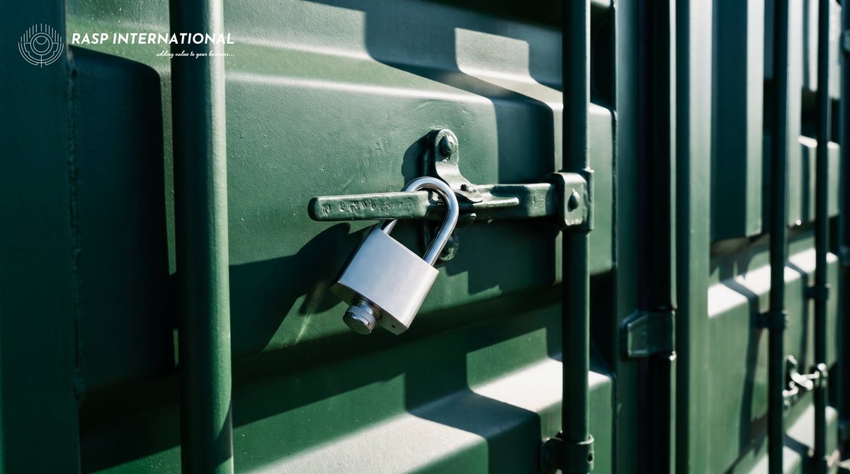 Locked container door bar on a shipping container secured for international export from India with customs seal