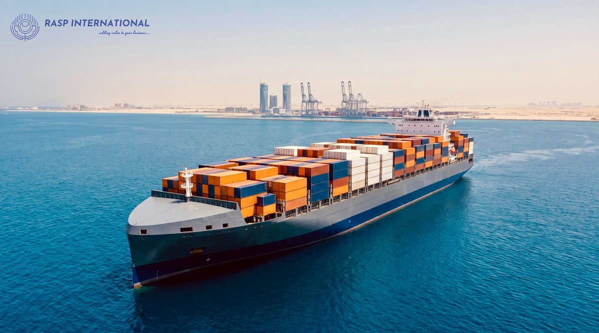 Container vessel navigating sea trade routes carrying Indian export cargo to international destinations