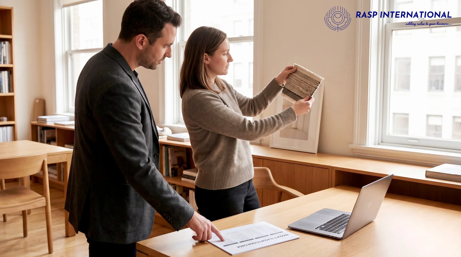 Export consultant and exporter checking product classification before shipment