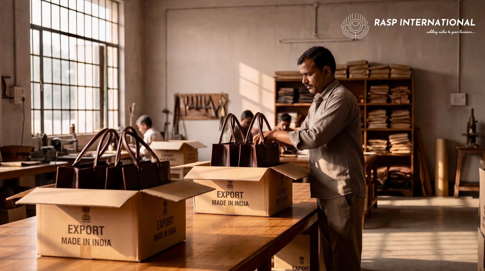 Leather export goods being packed for shipment under DGFT licensing rules