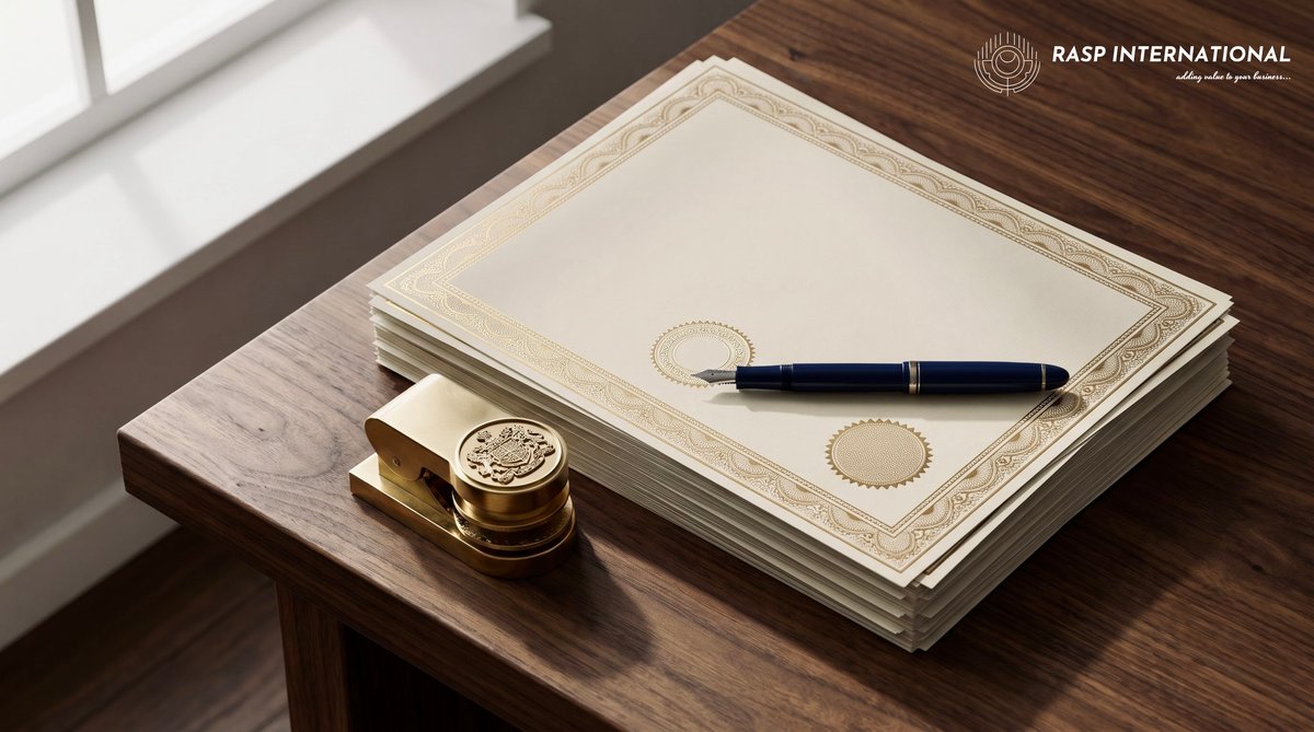 Executive desk with fountain pen and official documents representing DGFT registration and export licensing paperwork