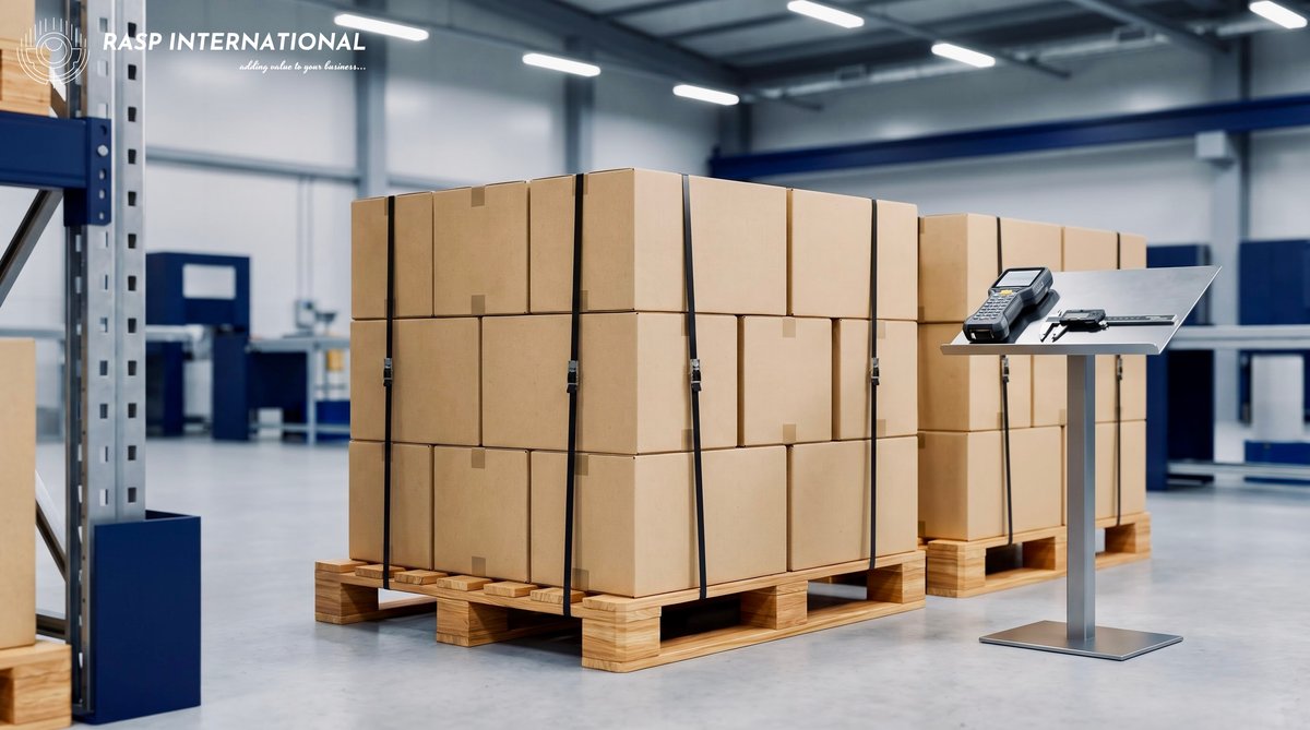 Export cartons stacked on wooden pallets in a warehouse ready for loading and international shipment from India