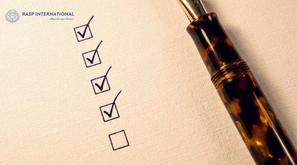 Fountain pen ticking checkboxes on an export compliance checklist for Indian exporters covering IEC, GST LUT and RCMC