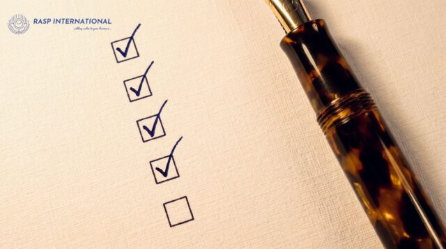 Fountain pen ticking checkboxes on an export compliance checklist for Indian exporters covering IEC, GST LUT and RCMC