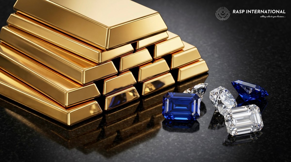 Gold bullion bars and gemstones stacked together representing India's precious metals and gems export sector