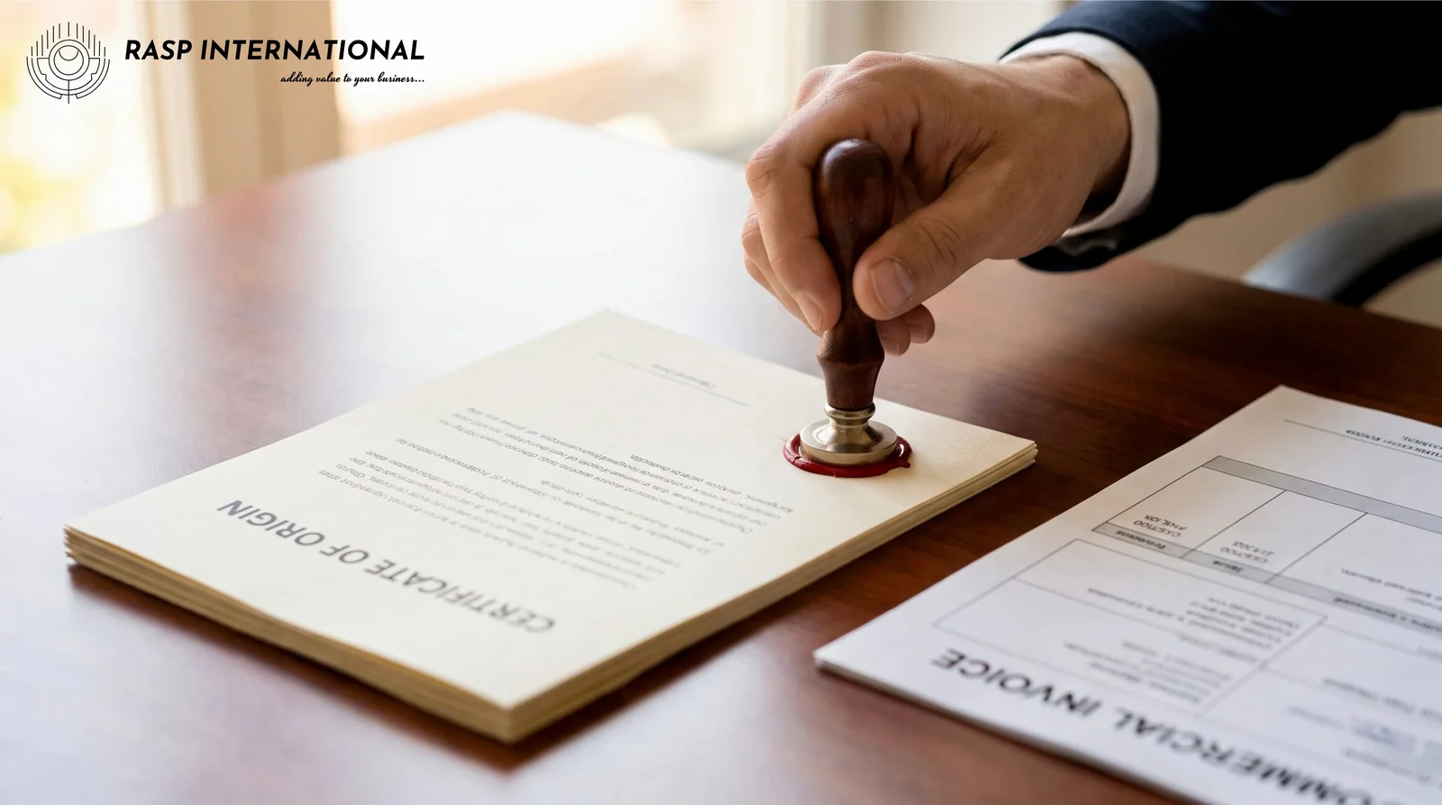 Official seal being applied to a Certificate of Origin for India Oman CEPA shipment
