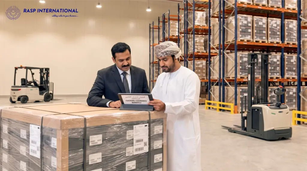 Indian export director and Omani logistics executive reviewing customs clearance at a Gulf port freezone