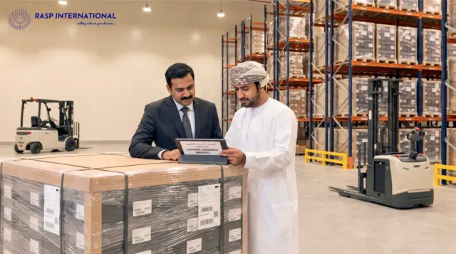 Indian export director and Omani logistics executive reviewing customs clearance at a Gulf port freezone