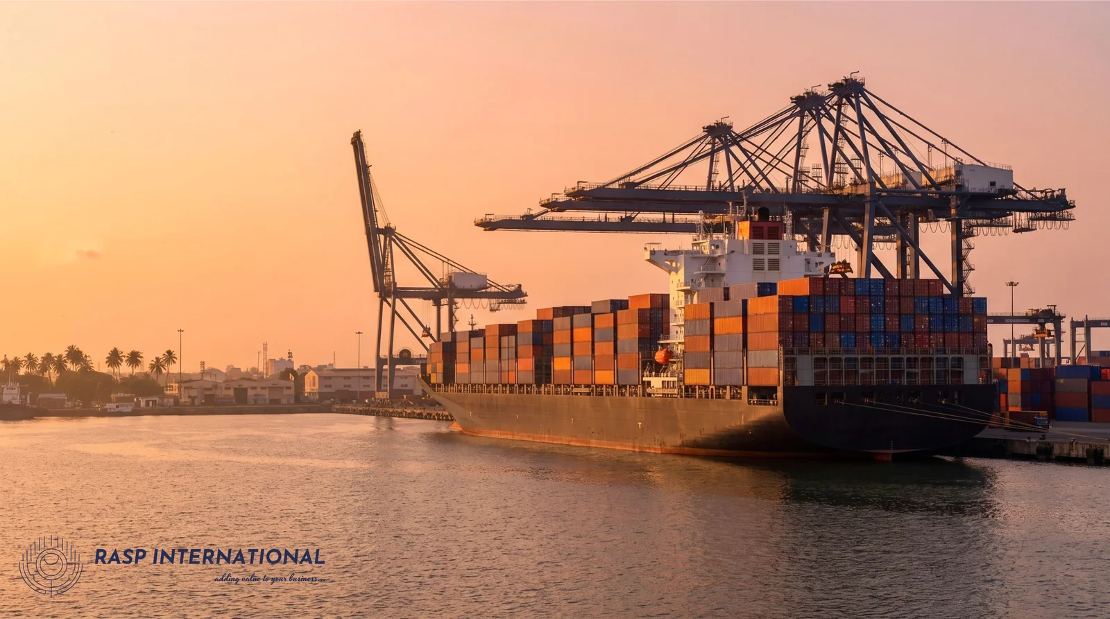 Cargo ship at an Indian port representing India Oman CEPA bilateral trade