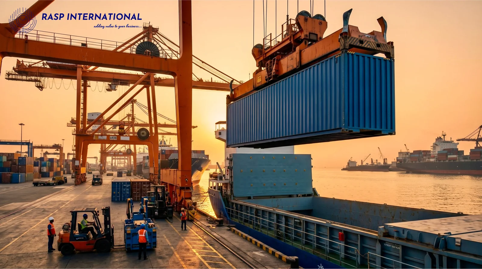 Cargo container being loaded at an Indian port for shipment to the United Kingdom