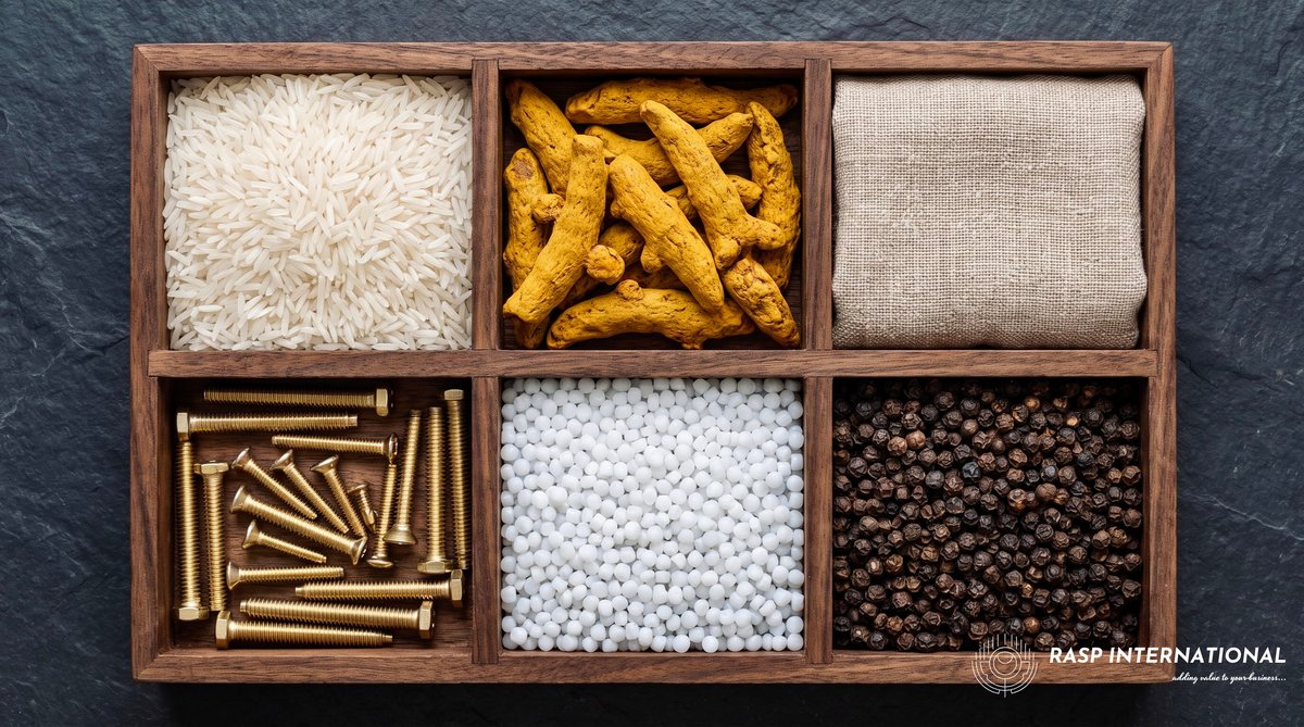 Indian export commodities including spices, textiles and handicrafts displayed for international buyers and trade promotion