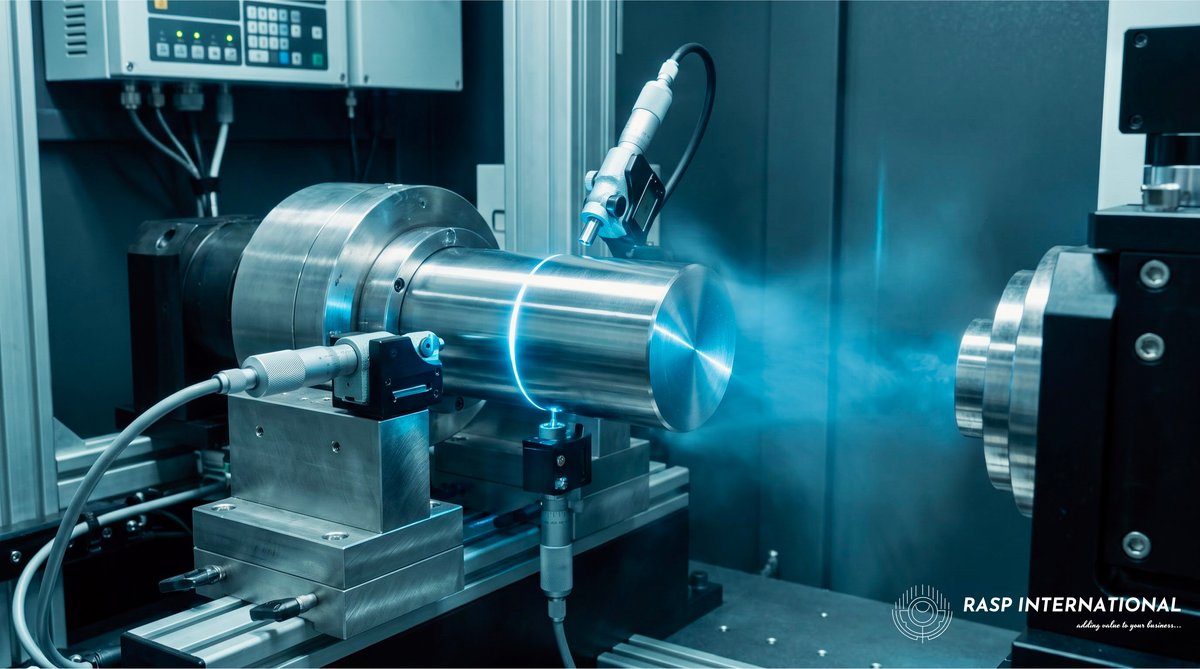 Laser precision measurement of steel alloy specimen ensuring export quality standards for Indian manufactured goods