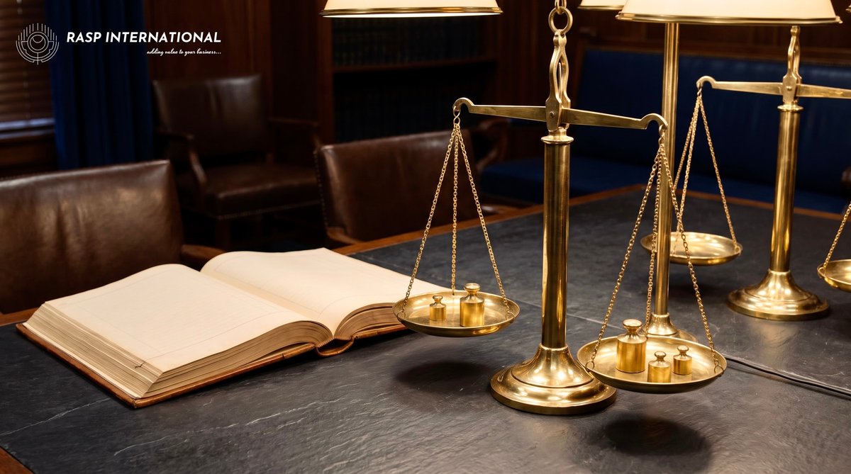 Accounting ledger and balance scales on a table representing cost-benefit analysis of Indian export incentive schemes