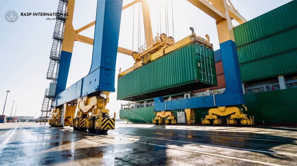 Heavy machinery lifting a sea container at an Indian export port terminal for loading onto a cargo vessel