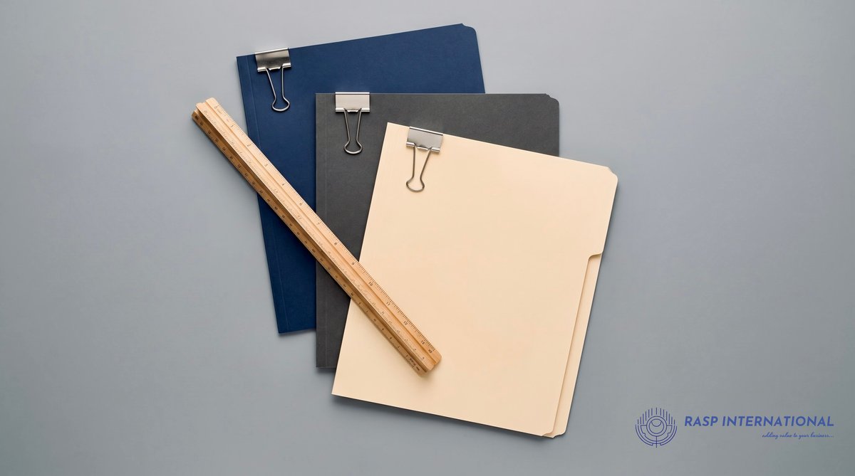 Neatly organized export documents on a desk surface including shipping bills, packing lists and certificates of origin