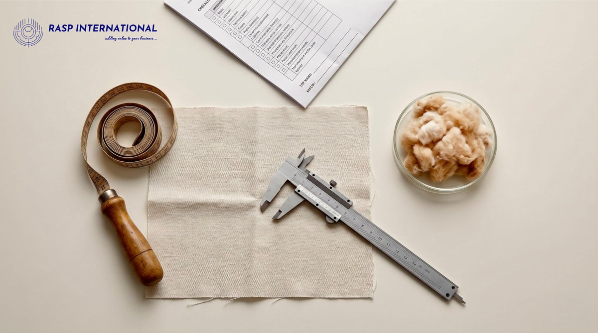 Raw cotton fabric being measured with precision tools representing India's textile and garment export quality control process