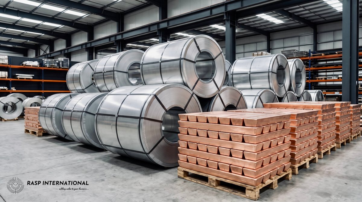 Raw manufacturing materials stored in an organized warehouse ready for processing and export from India