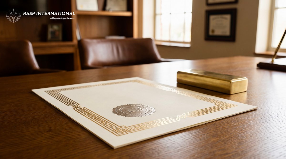 Official registration certificate on an oak desk representing RCMC issuance from Export Promotion Councils for Indian exporters