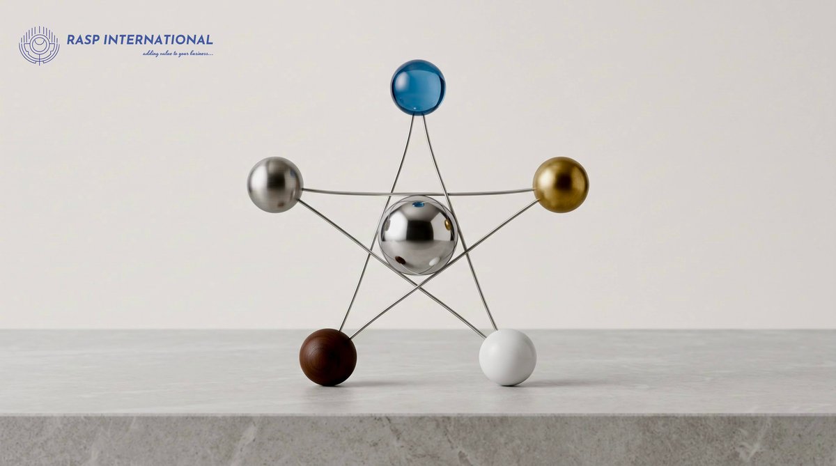 Silver sphere connected to other spheres representing the interconnected network of Indian export trade agreements and compliance bodies