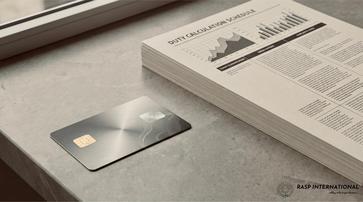 Smart card alongside duty calculation documents representing digital assessment of export duties and FTA tariff benefits
