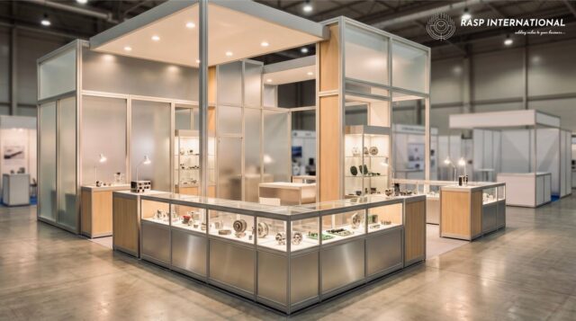 Trade exhibition hall with professional display stands representing Indian export promotion events and buyer outreach