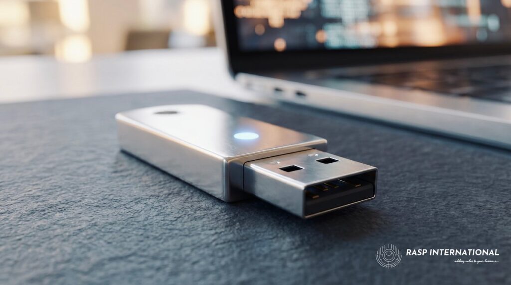 USB security key inserted in a workstation computer for secure DGFT portal access and digital signature authentication