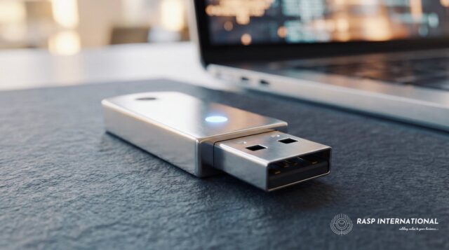 USB security key inserted in a workstation computer for secure DGFT portal access and digital signature authentication