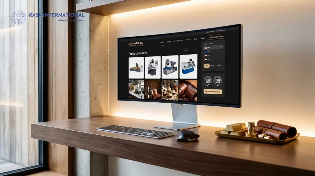 Ultrawide monitor displaying an international B2B export website with multi-currency pricing