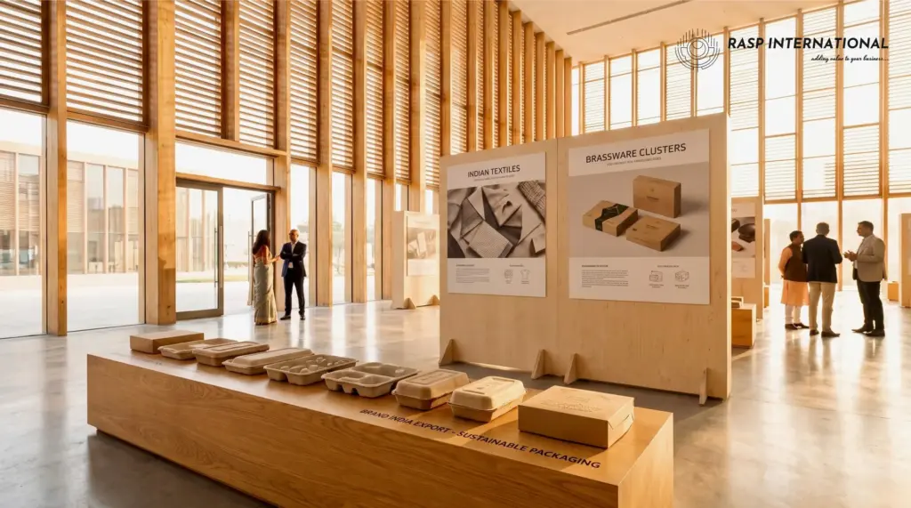 Modern trade pavilion showcasing Brand India export packaging and cluster branding displays