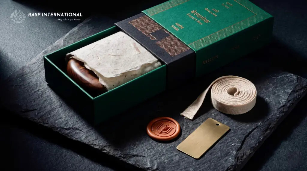 Luxury Indian export packaging with embossed copper foil and artisanal handmade paper