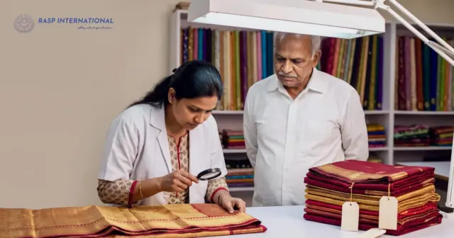 Quality inspector checking a handwoven silk saree with a magnifying glass, the kind of audit a trust mark relies on