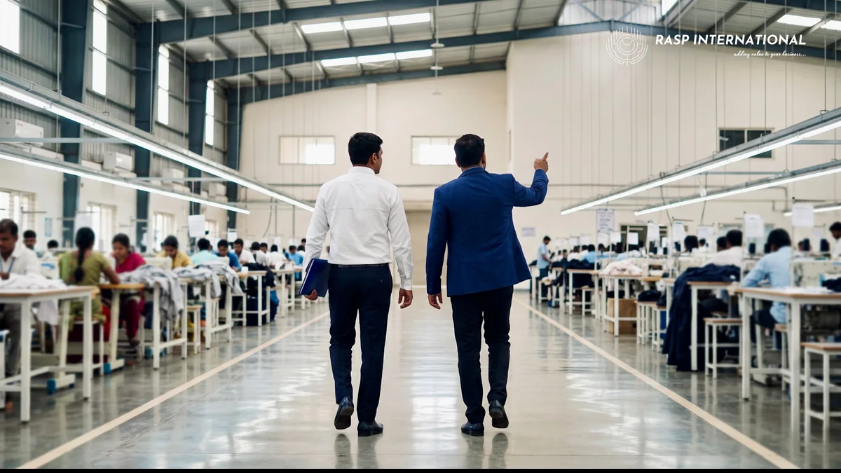 Two business partners walking through a garment factory floor