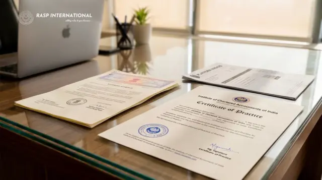 Chartered Accountant certificate and export audit papers on an executive wooden desk